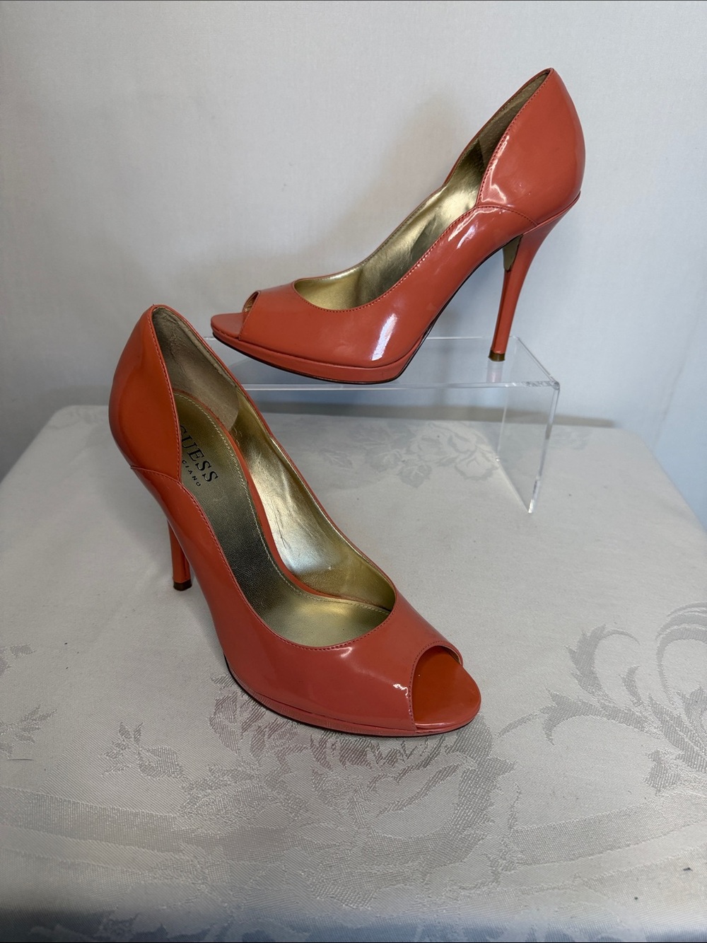 Guess by Marciano coral patent leather peep-toe stiletto pumps